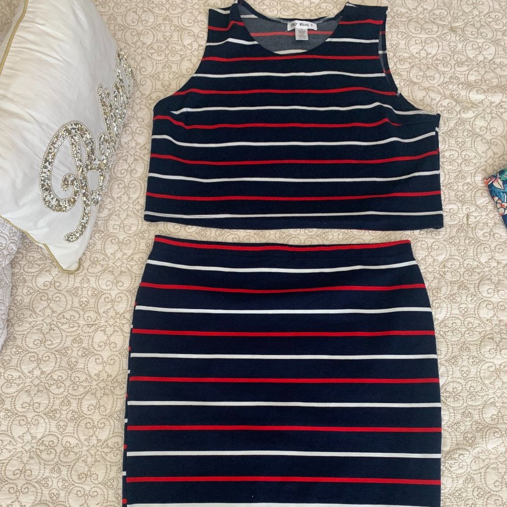 2 piece Top and Skirt set in Blue with Red and White Stripes